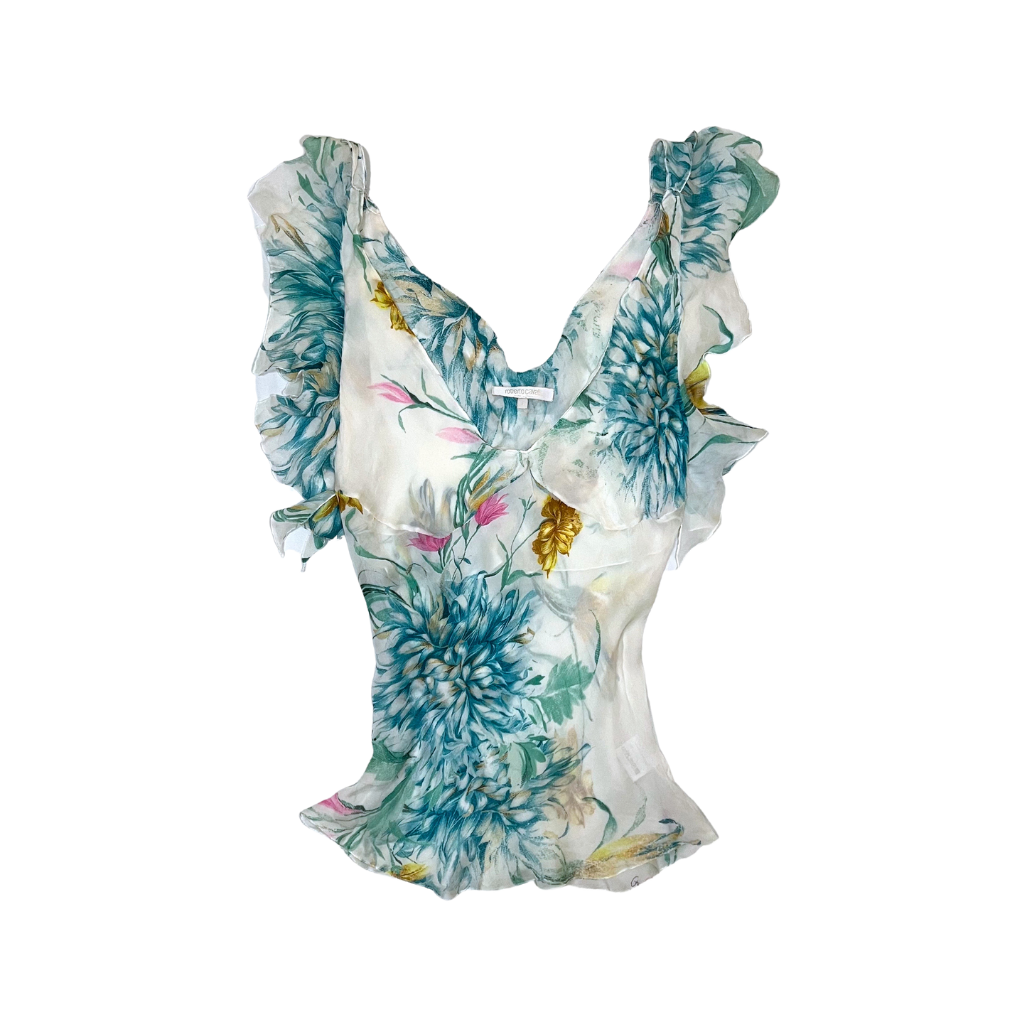 ROBERTO CAVALLI SS 2002 RUNWAY FLORAL PRINT RUFFLE TOP