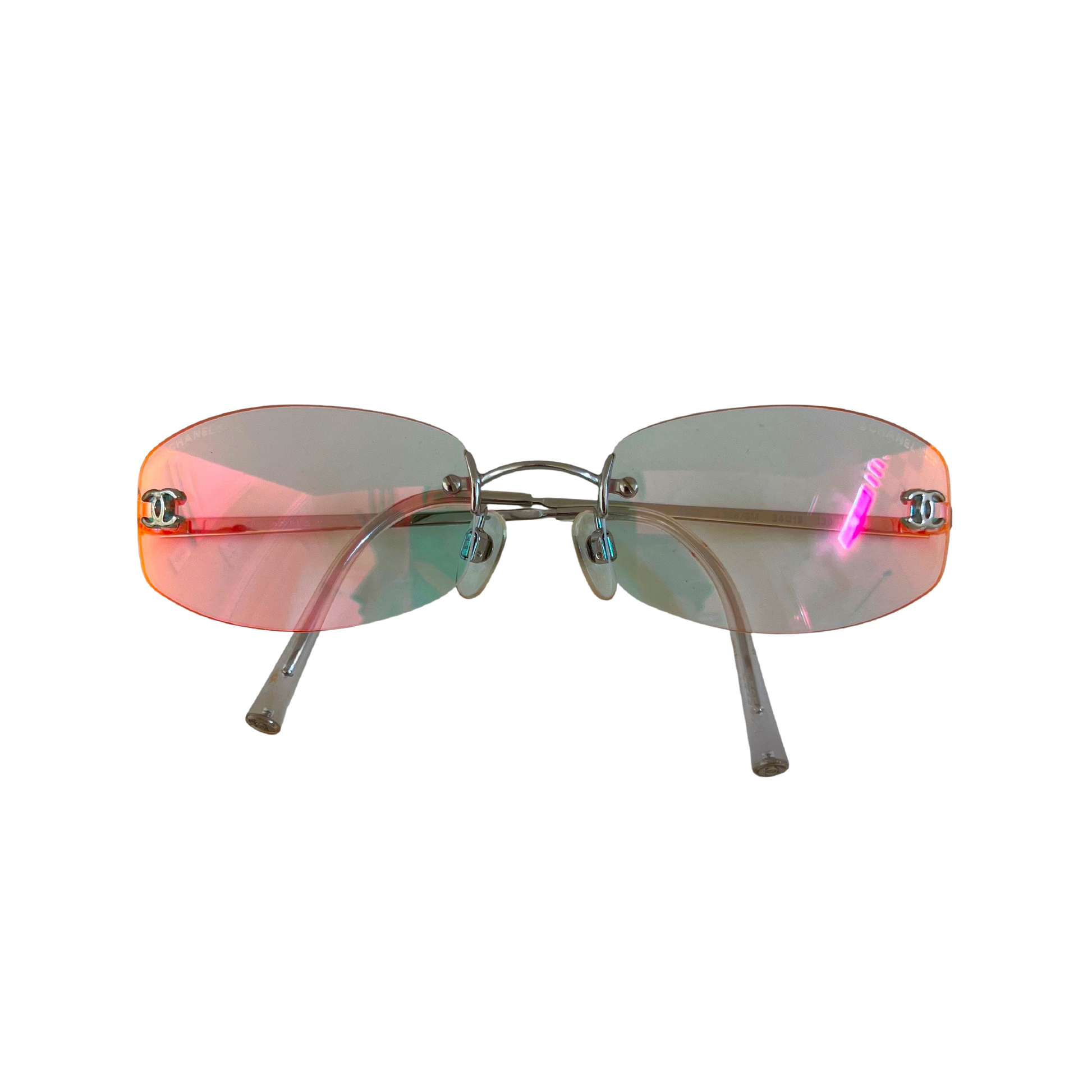 CHANEL clear holographic multi color tinted CC silver rimless Sunglasses