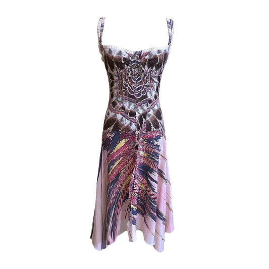 ROBERTO CAVALLI FEATHER PRINT BUSTIER DRESS