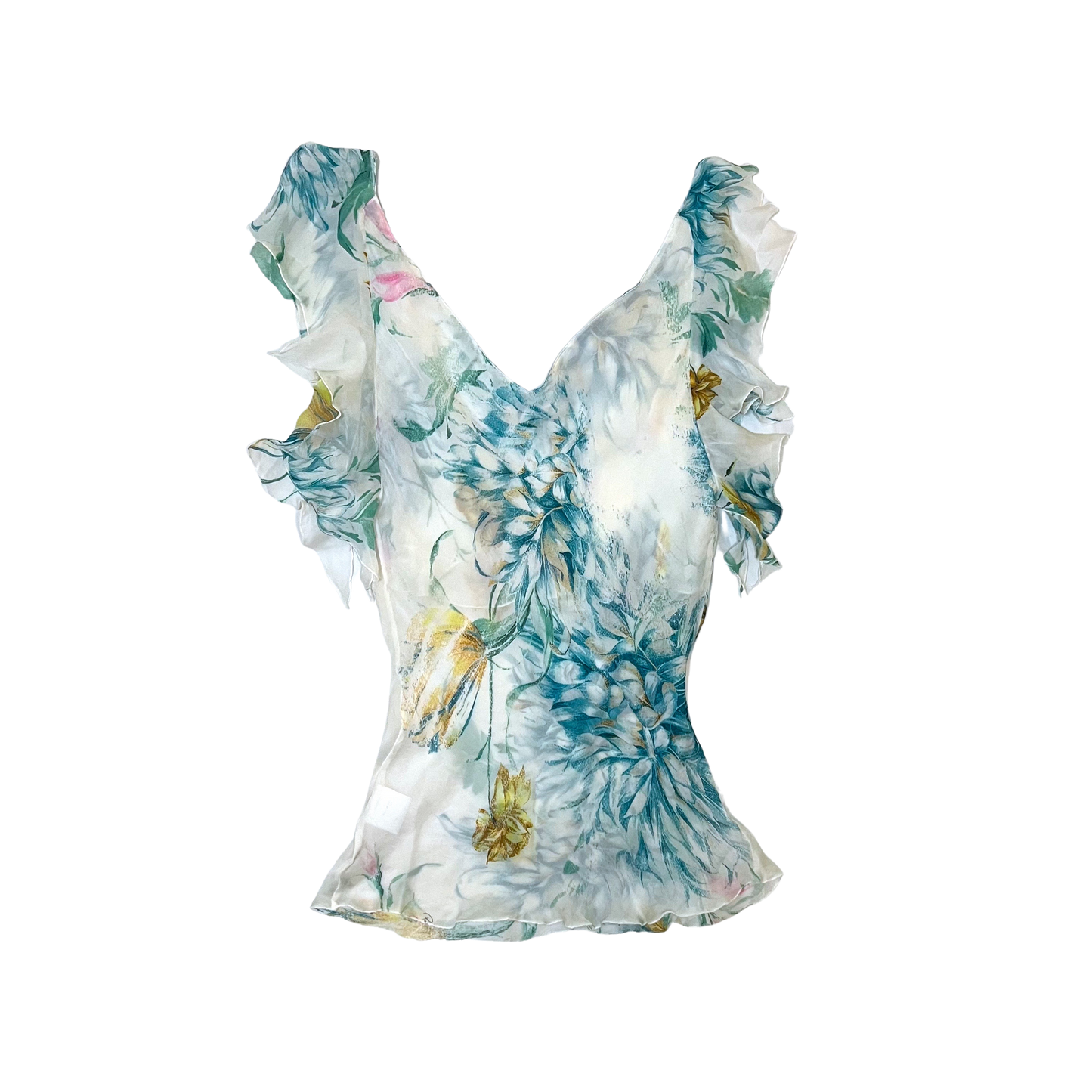 ROBERTO CAVALLI SS 2002 RUNWAY FLORAL PRINT RUFFLE TOP